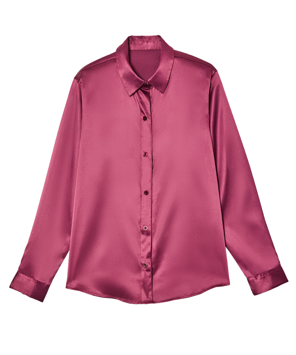 A long-sleeve satin button-up shirt in a dusty rose pink color, displayed flat against a solid white background.