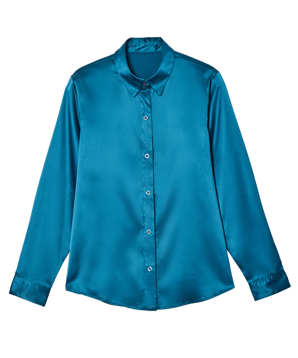 A long-sleeve satin button-up shirt in a vibrant teal blue color, displayed flat against a solid white background.