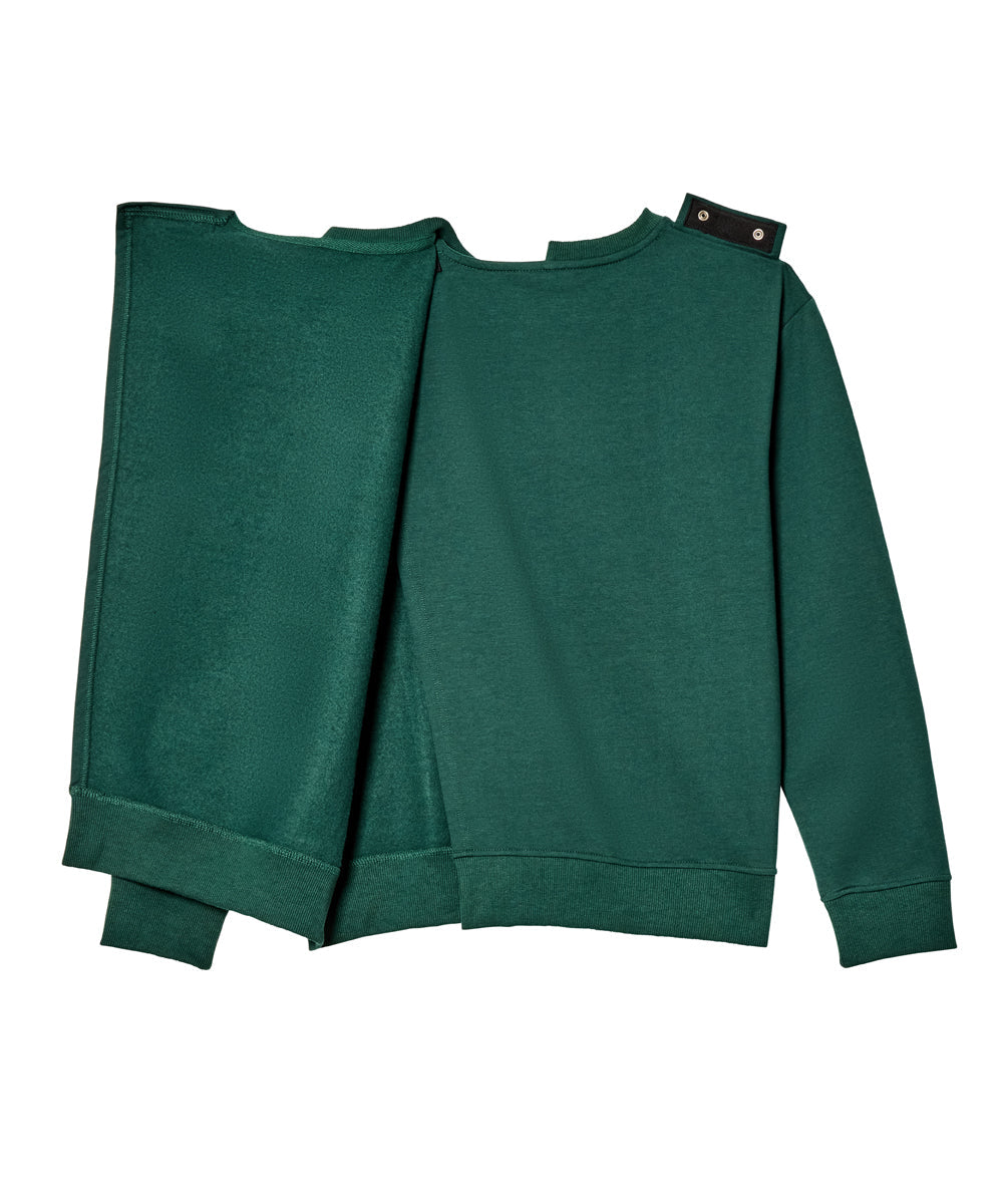 A dark green long-sleeve sweatshirt with an asymmetrical draped front, ribbed cuffs and hem, and a small black strap detail with silver buttons at the collar, shown on a plain white background.
