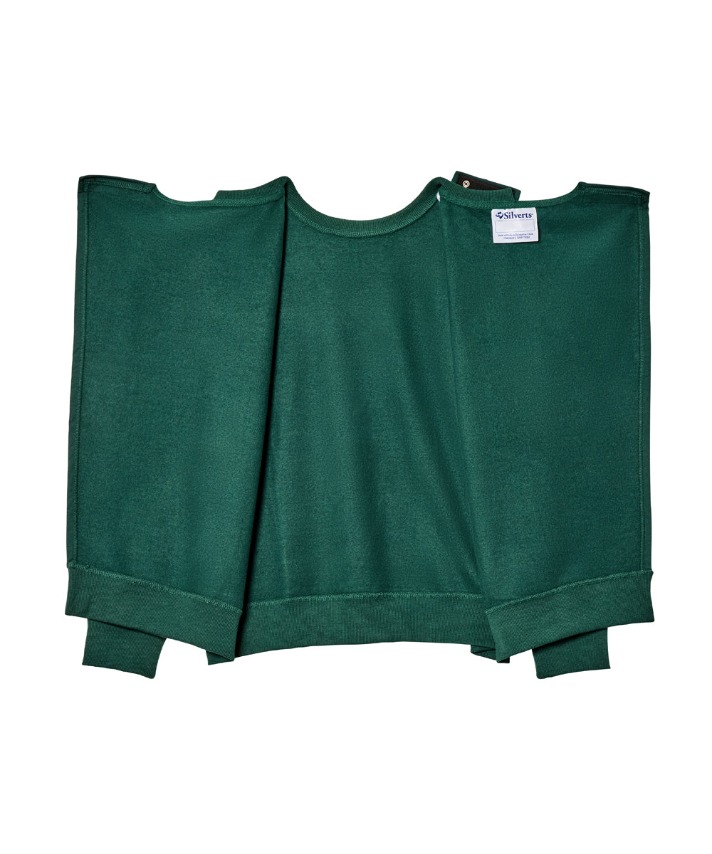 A dark forest green cropped sweatshirt with a crew neck and ribbed cuffs, laid flat against a white background. A small white brand tag is visible on the inside neckline.