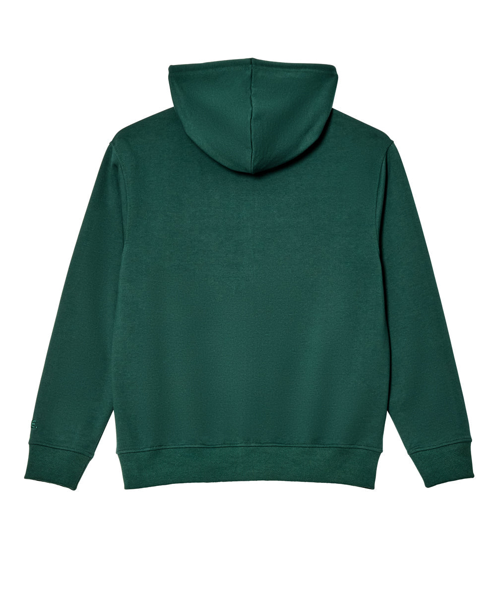 A dark greenlong-sleeve hoodie from the back, displayed on a clean white background.