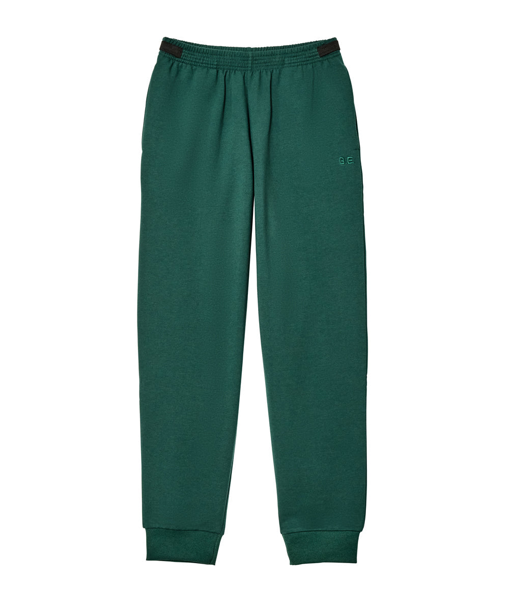 A pair of dark green sweatpants with an elastic waistband and ribbed ankle cuffs, shown flat against a white background.