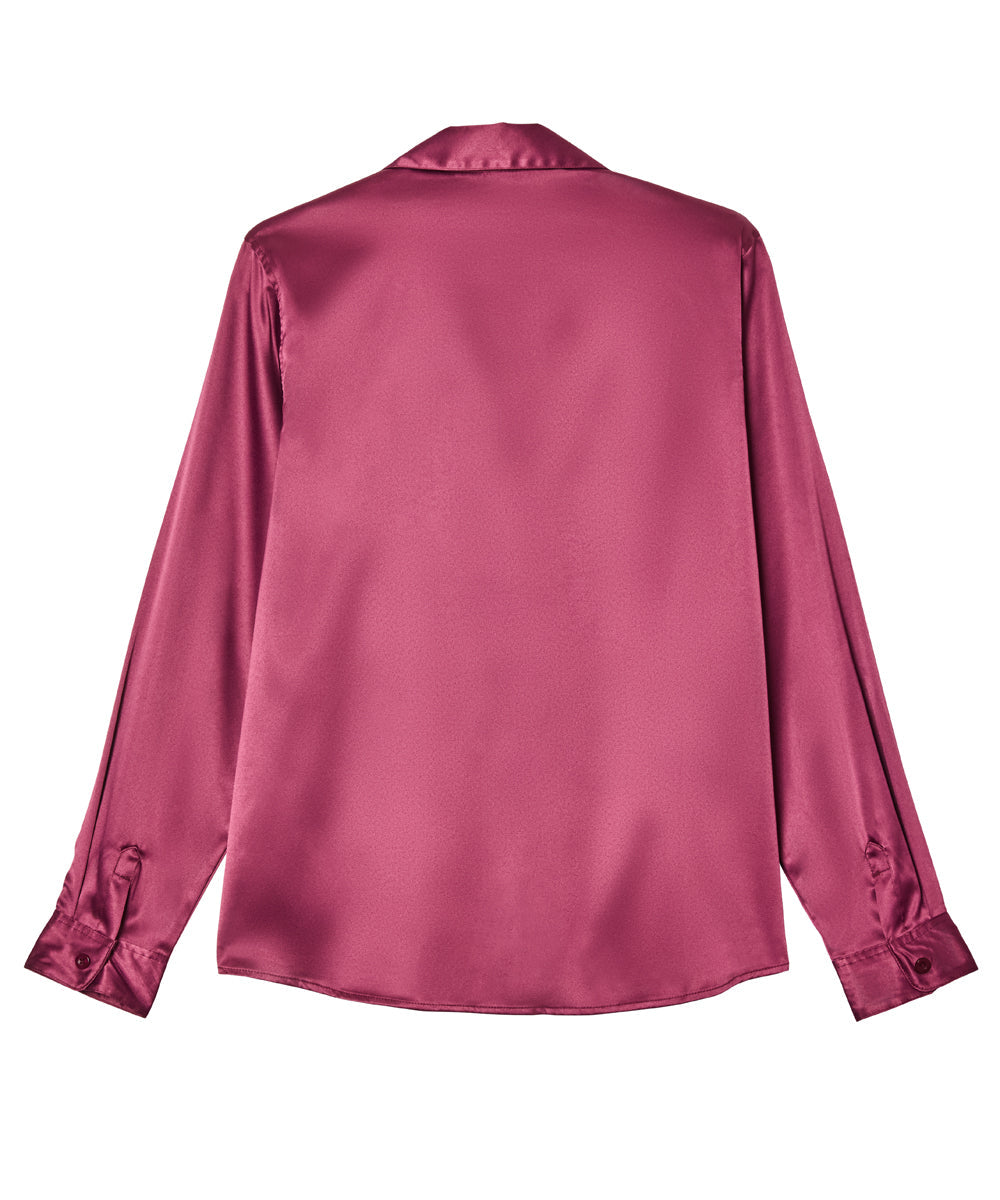 A long-sleeve satin blouse in a dusty rose pink color, shown from the back against a plain white background.