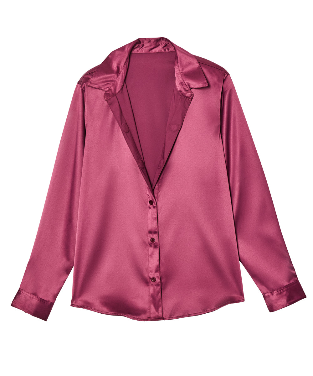 A long-sleeve satin button-up shirt in a dusty rose pink color, displayed flat against a solid white background.