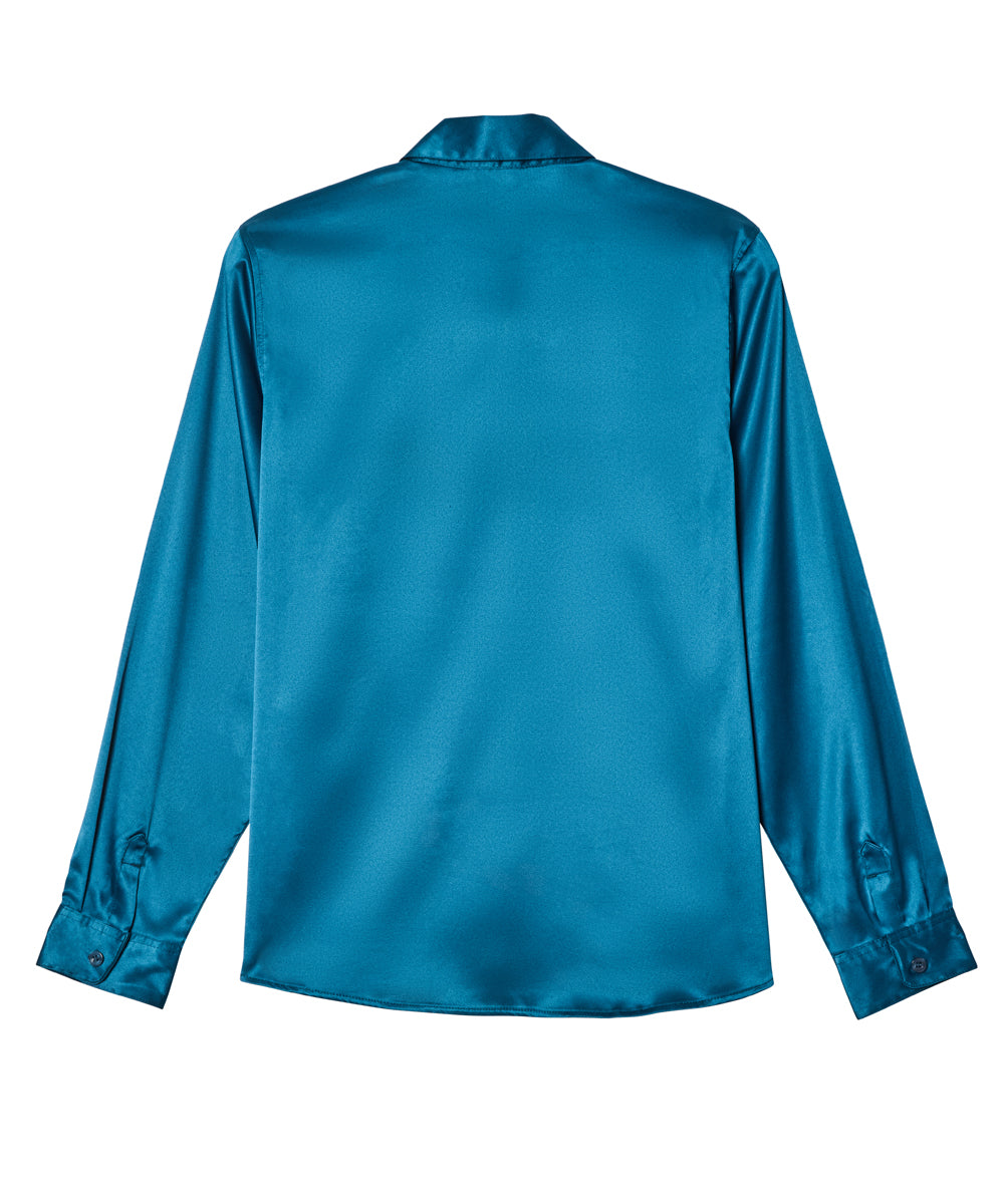 A long-sleeve satin shirt in a vibrant teal blue, shown from the back against a plain white background.