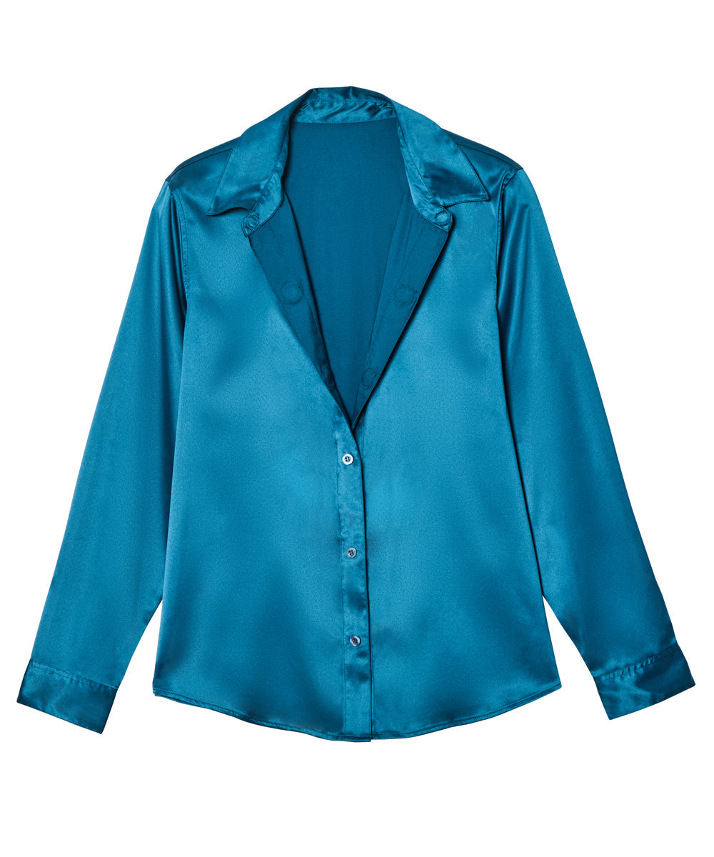 A teal blue satin long-sleeve button-up shirt with a notched lapel collar, displayed flat against a solid white background.
