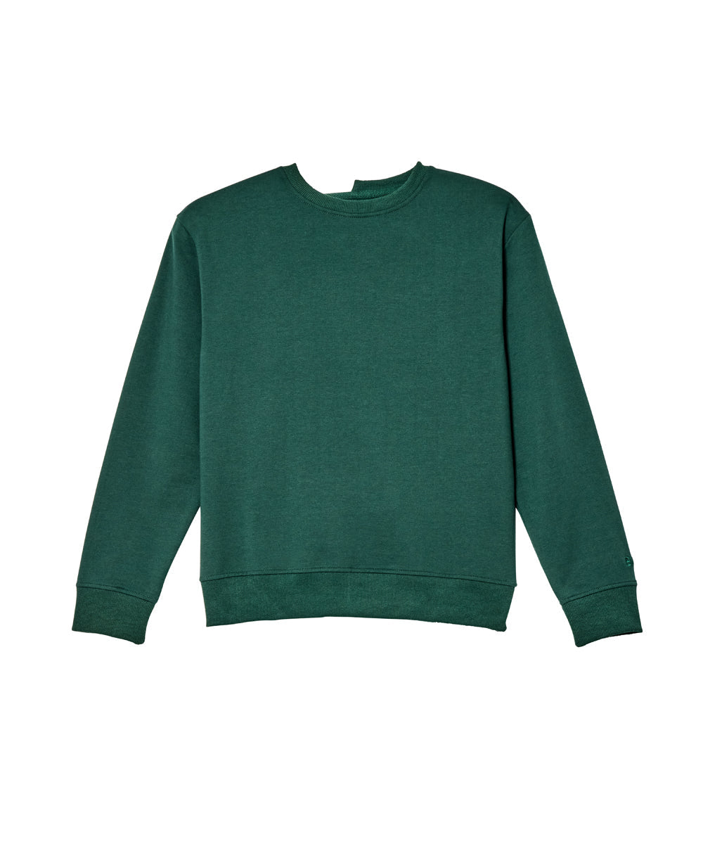 A dark green crewneck sweatshirt with long sleeves and ribbed cuffs and hem, displayed flat against a solid white background.