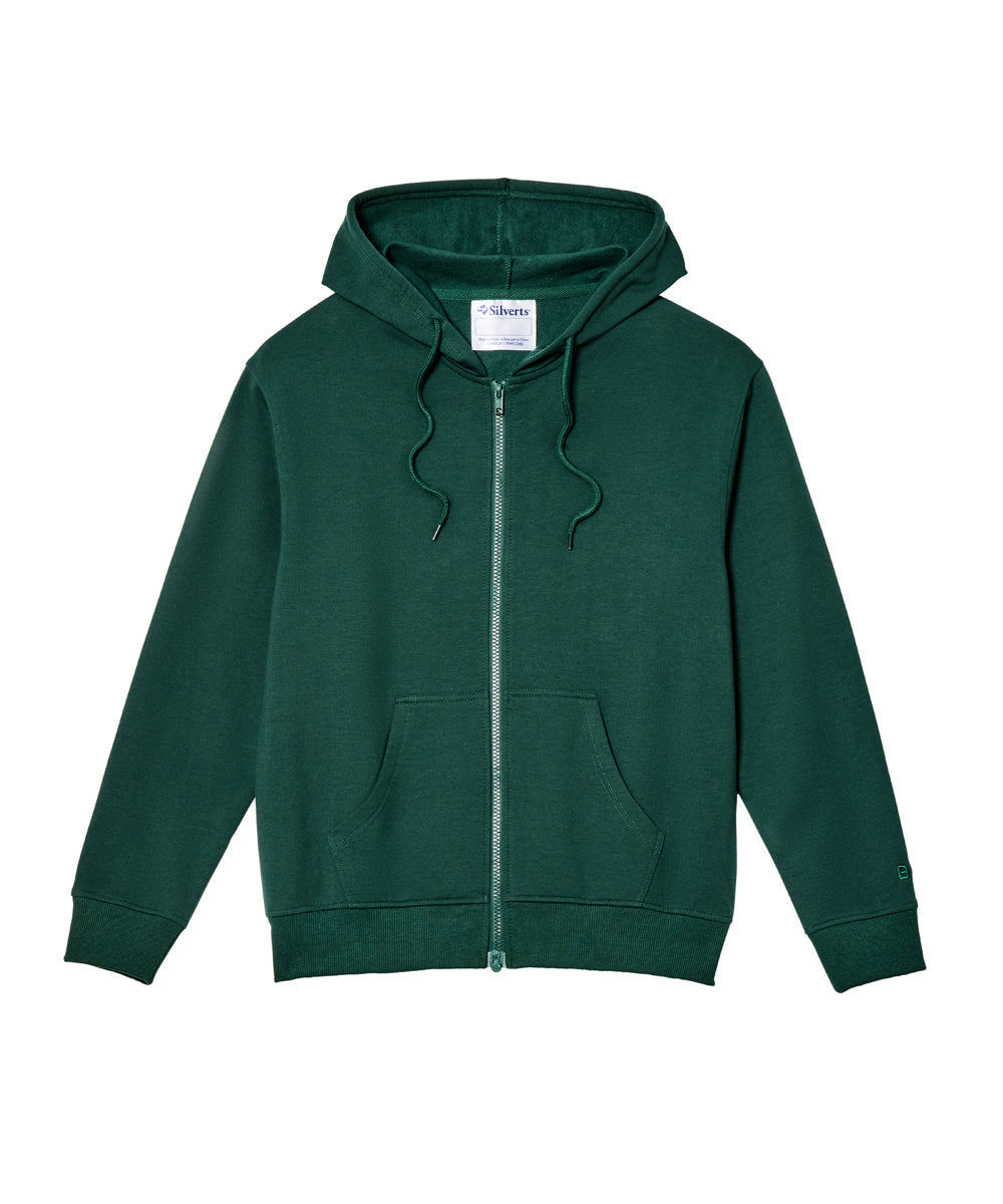 A dark green zip-up hoodie with a full front zipper, matching green drawstrings, and a front kangaroo pocket, shown against a plain white background.